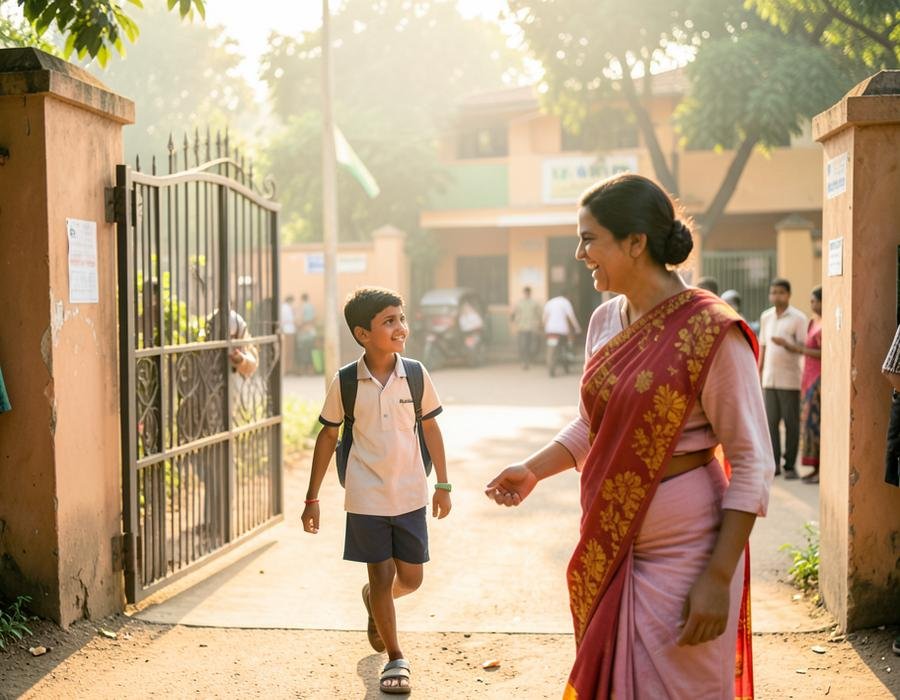 A student arriving at the school gate and being welcomed by a smiling teacher in the morning light