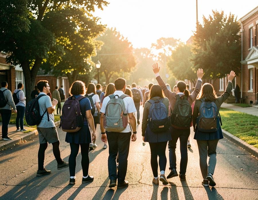 Students walking home from school with backpacks in the late afternoon sun
