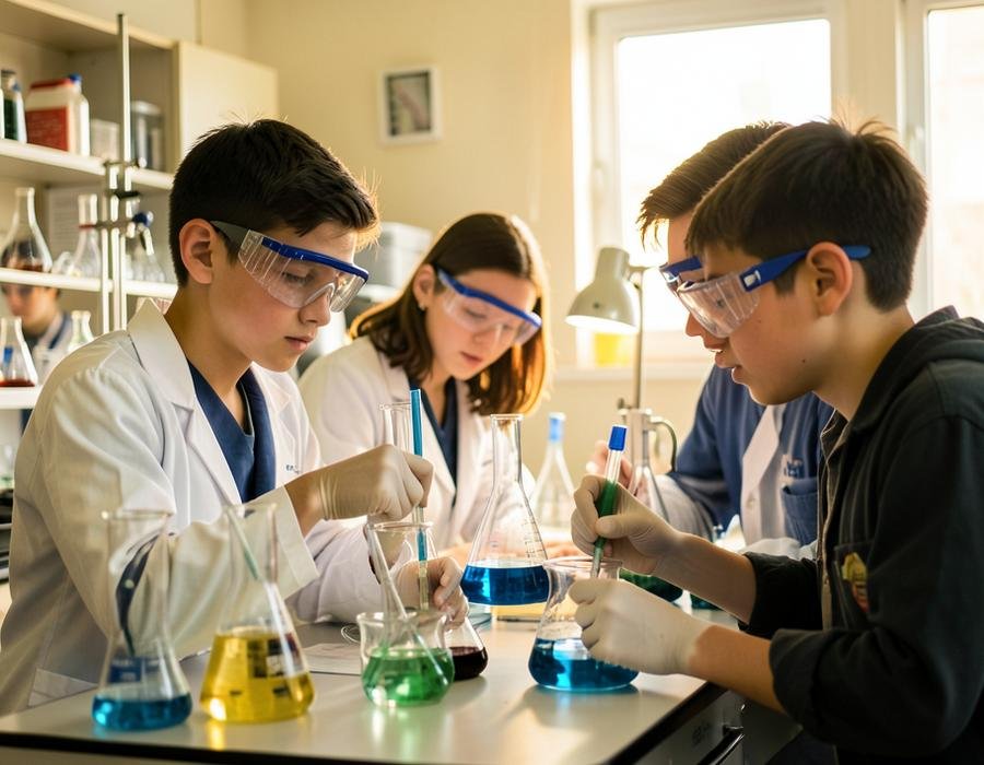 Students in lab coats and safety goggles running an experiment in the school science laboratory