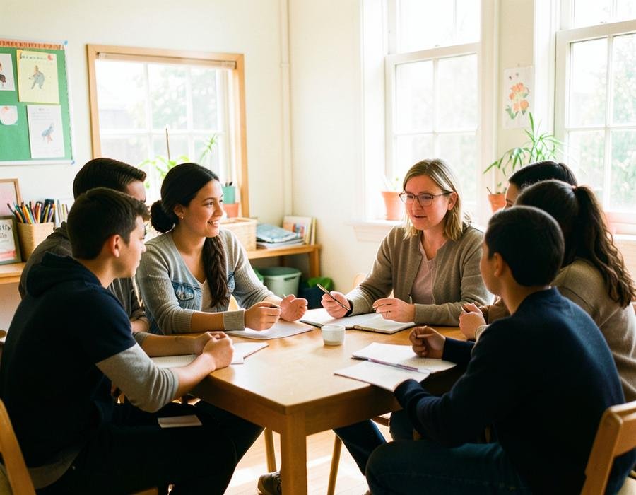 A teacher sitting with a small group of students around a table in a bright classroom