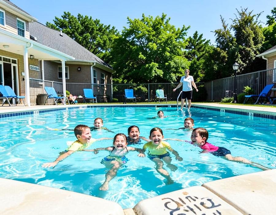 Children swimming in the school pool with a coach supervising at the poolside
