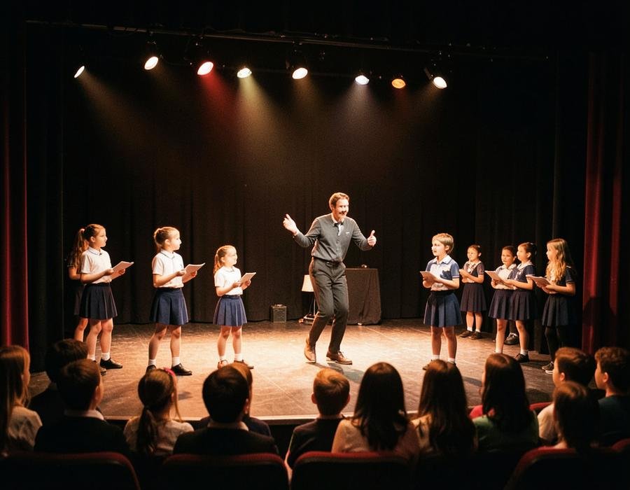School children rehearsing a play on the school theatre stage under warm lights